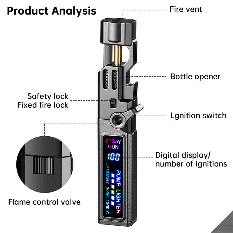 Windproof Torch Lighter with LED Display & Bottle Opener